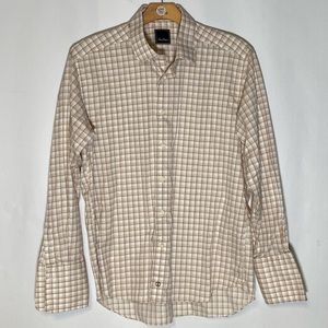 David Donahue button down dress shirt French cuff brown plaid 17 34/35
